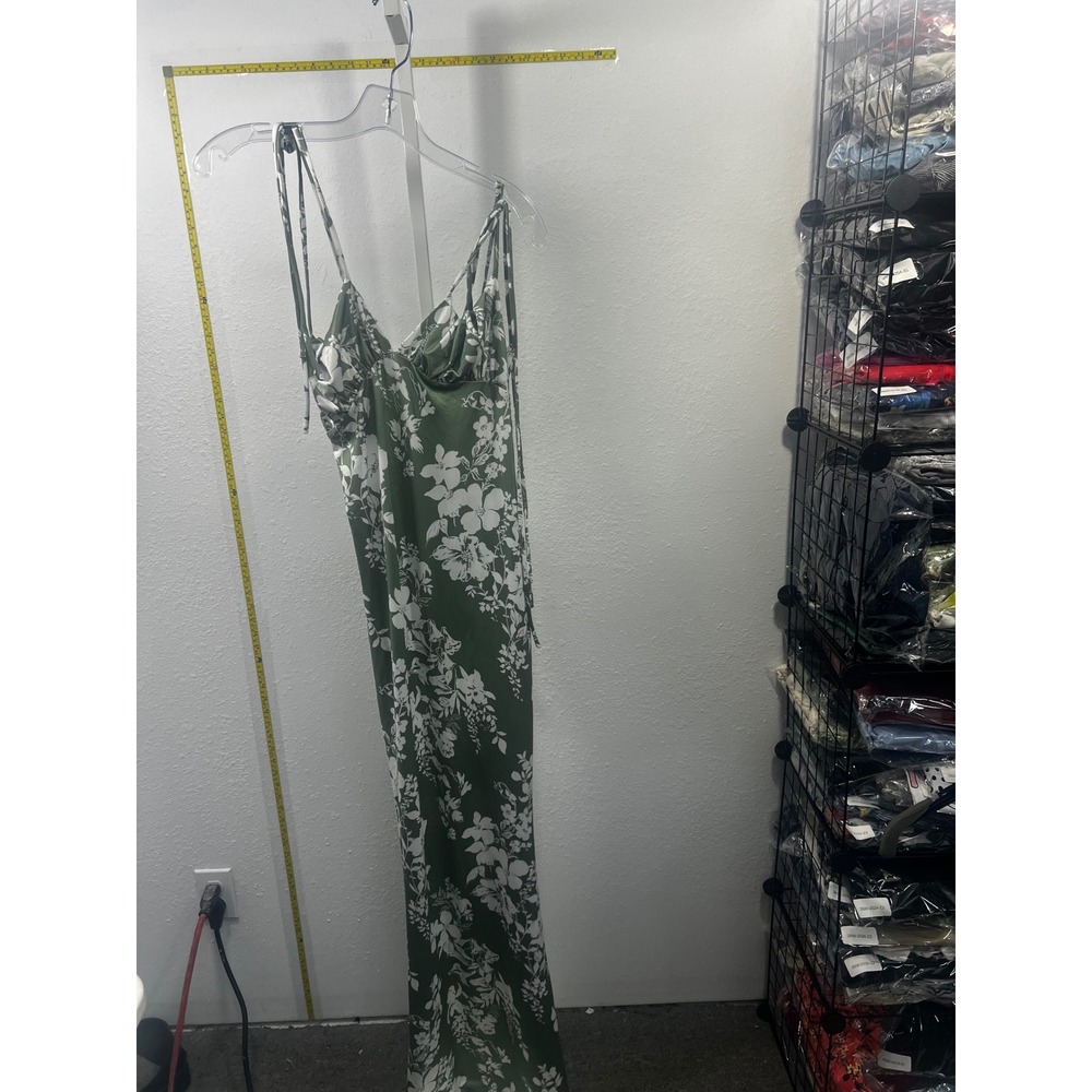 Sage Green Floral Satin Maxi Dress Tie Strap V-Neck Formal Gown Green White